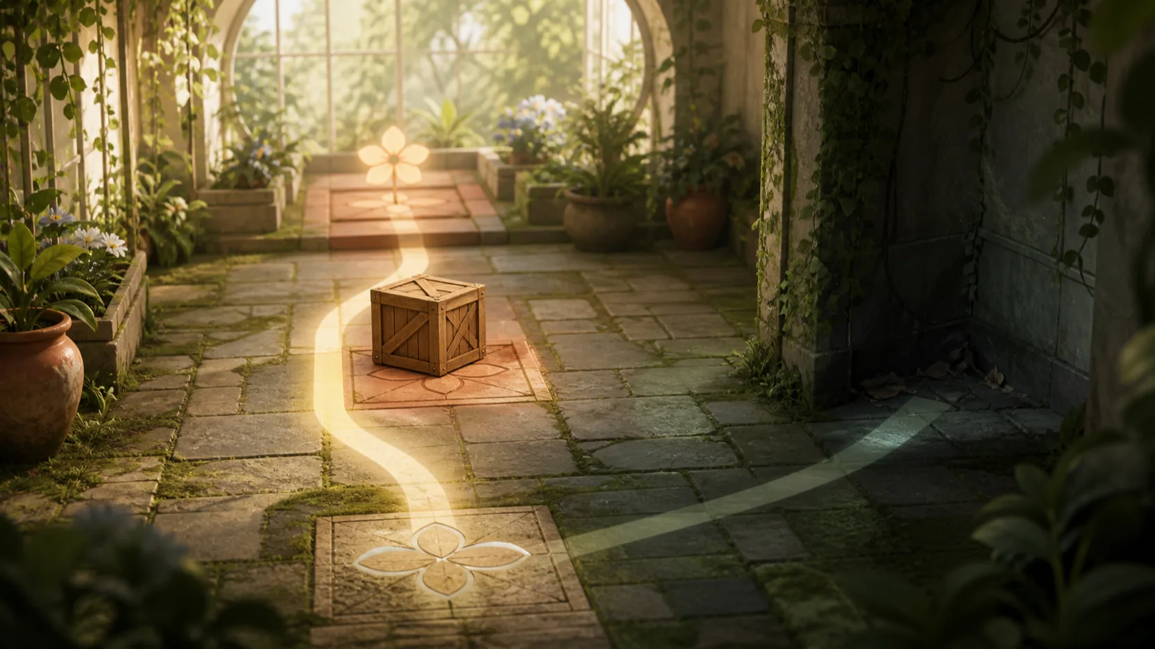Conceptual greenhouse Sokoban scene with a wooden crate between flower-marked floor squares and two contrasting light paths